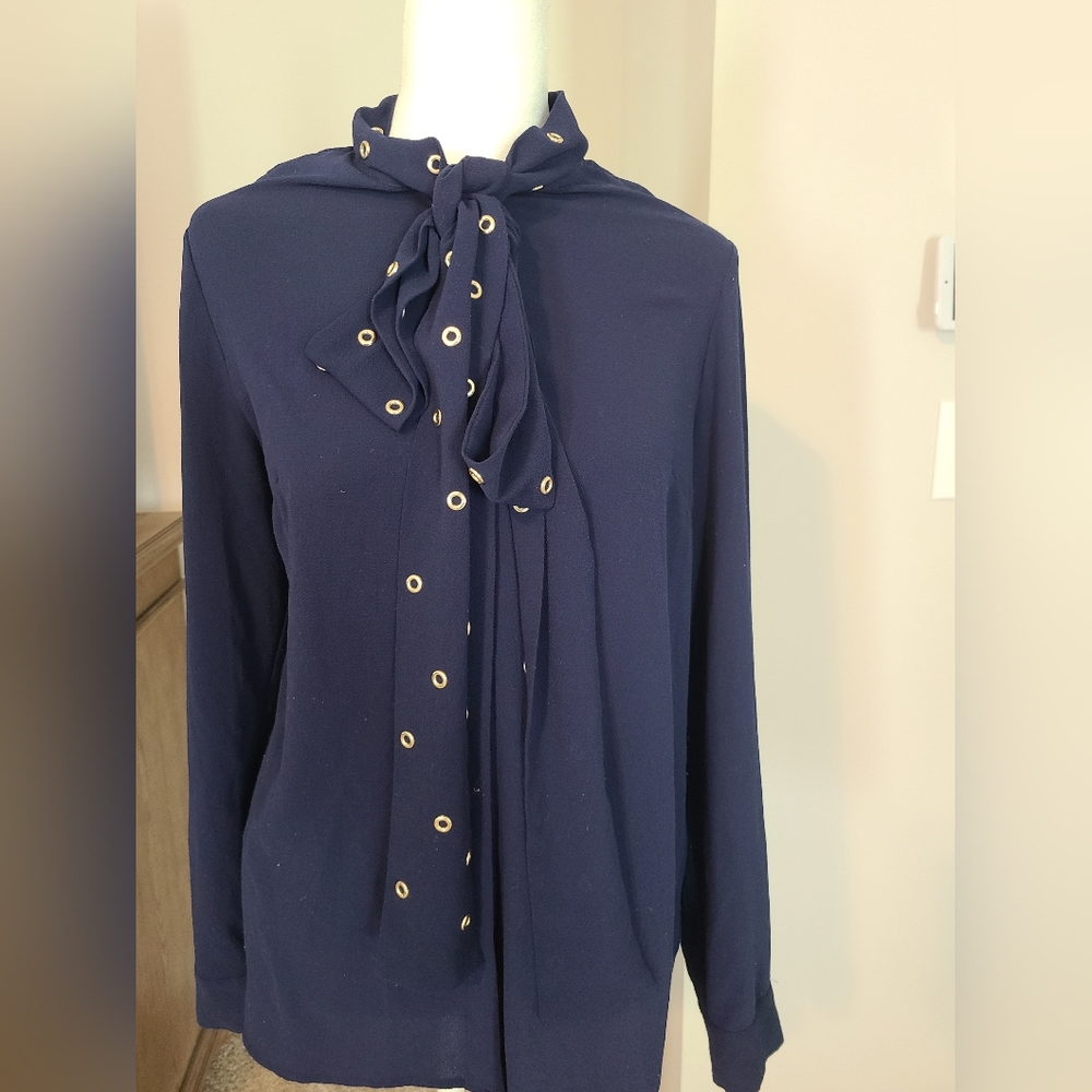 Navy Michael  Kors Tie Neck Blouse- Medium